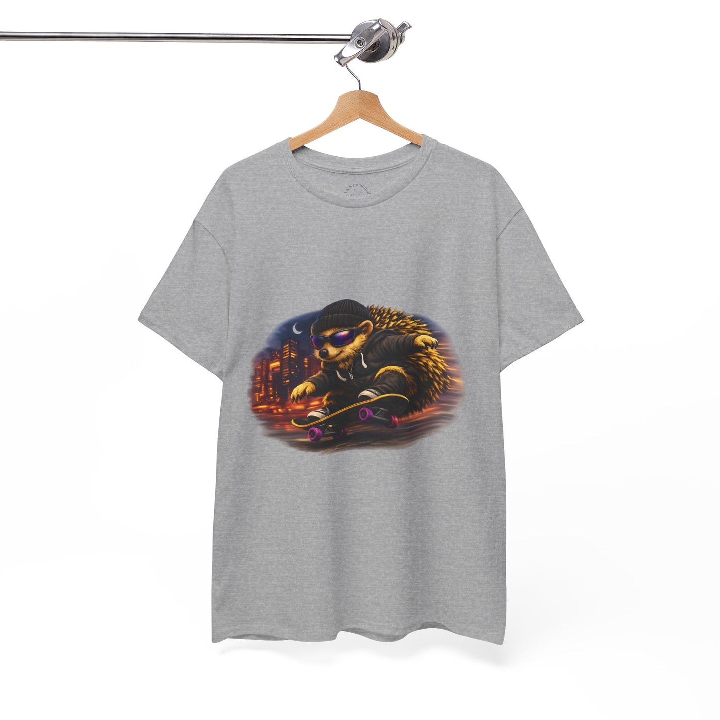 City Nightlife Hedgehog Skateboarding Shirt | Street Style Tee | Vintage City Lights Graphic | Downtown Streetwear | Skater Animal T-shirt | Cute Animal Skate Tshirt | Boardin' Hedgehog Collection