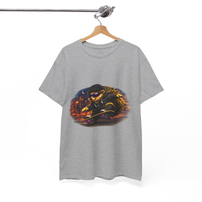 City Nightlife Hedgehog Skateboarding Shirt | Street Style Tee | Vintage City Lights Graphic | Downtown Streetwear | Skater Animal T-shirt | Cute Animal Skate Tshirt | Boardin' Hedgehog Collection