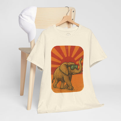 Elephant Sunset Rays Tee | Vintage Retro Animal Shirt | Summer Vibes Graphic T-Shirt | Warm Sunburst Elephant TShirt | Unisex Nature Shirt