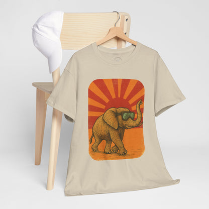 Elephant Sunset Rays Tee | Vintage Retro Animal Shirt | Summer Vibes Graphic T-Shirt | Warm Sunburst Elephant TShirt | Unisex Nature Shirt