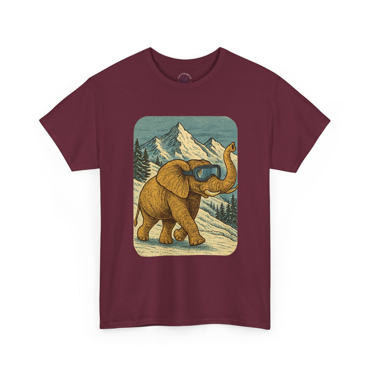 Elephant in Snowy Mountains Tee | Vintage Winter Animal Shirt | Cozy Nature Graphic T-Shirt | Retro Wildlife Illustration | Unisex Elephant Tee