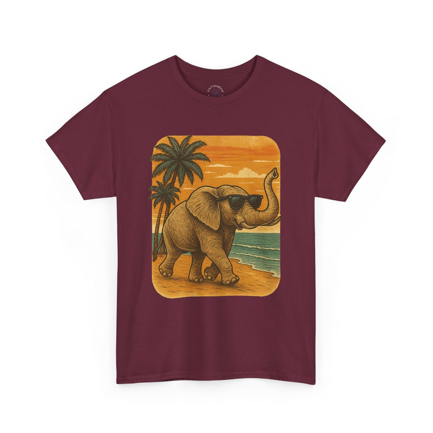 Elephant on a Tropical Beach | Vintage Sunset Animal Shirt | Summer Nature Graphic Tee | Retro Coastal Elephant T-Shirt | Unisex Beach Vacation TShirt