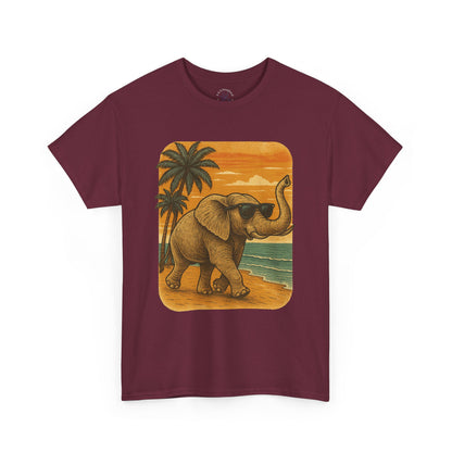 Elephant on a Tropical Beach | Vintage Sunset Animal Shirt | Summer Nature Graphic Tee | Retro Coastal Elephant T-Shirt | Unisex Beach Vacation TShirt