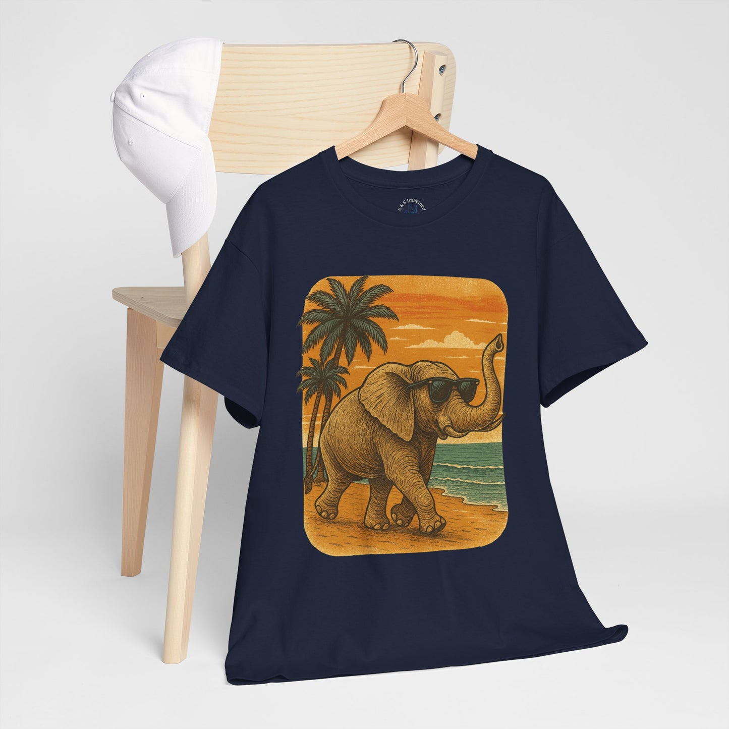 Elephant on a Tropical Beach | Vintage Sunset Animal Shirt | Summer Nature Graphic Tee | Retro Coastal Elephant T-Shirt | Unisex Beach Vacation TShirt