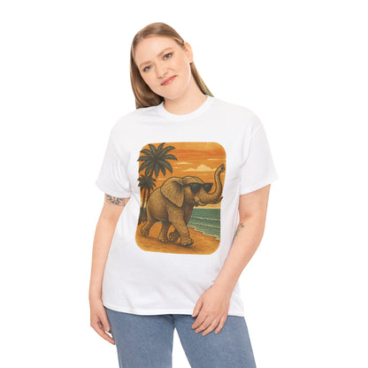 Elephant on a Tropical Beach | Vintage Sunset Animal Shirt | Summer Nature Graphic Tee | Retro Coastal Elephant T-Shirt | Unisex Beach Vacation TShirt