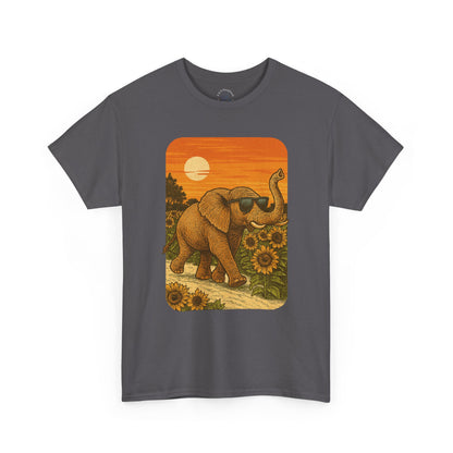 Elephant in Sunflower Field Tee | Vintage Sunset Nature Shirt | Retro Summer Aesthetic Elephant Graphic T-Shirt | Golden Hour Garden TShirt | Unisex Shirt