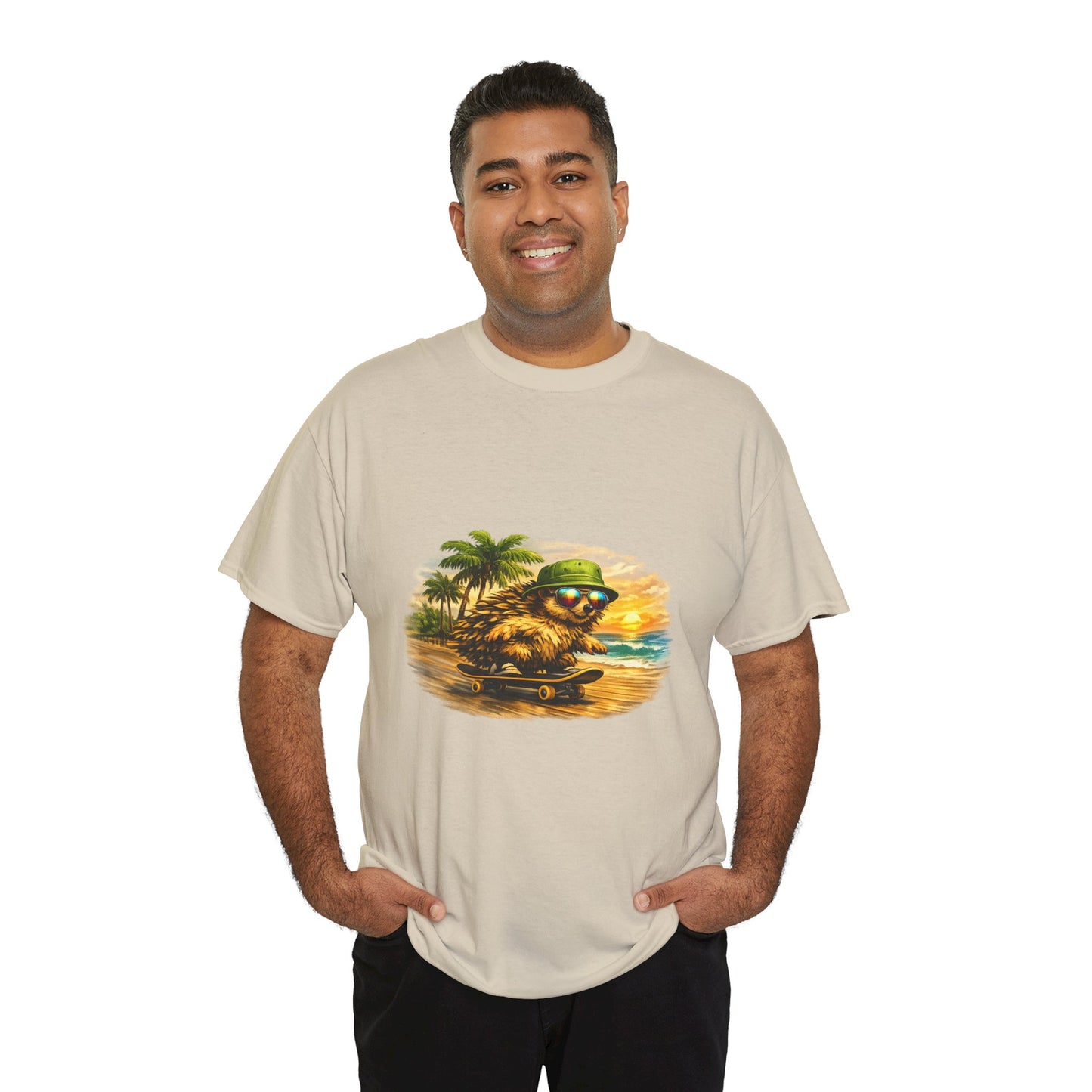 Sunset Beach Hedgehog Skateboarding Shirt | Tropical Style Tee | Vintage Beach Graphic | Skater Animal T-shirt | Cute Summer Skate Tshirt | Island Vibes Outfit | Boardin' Hedgehog Collection