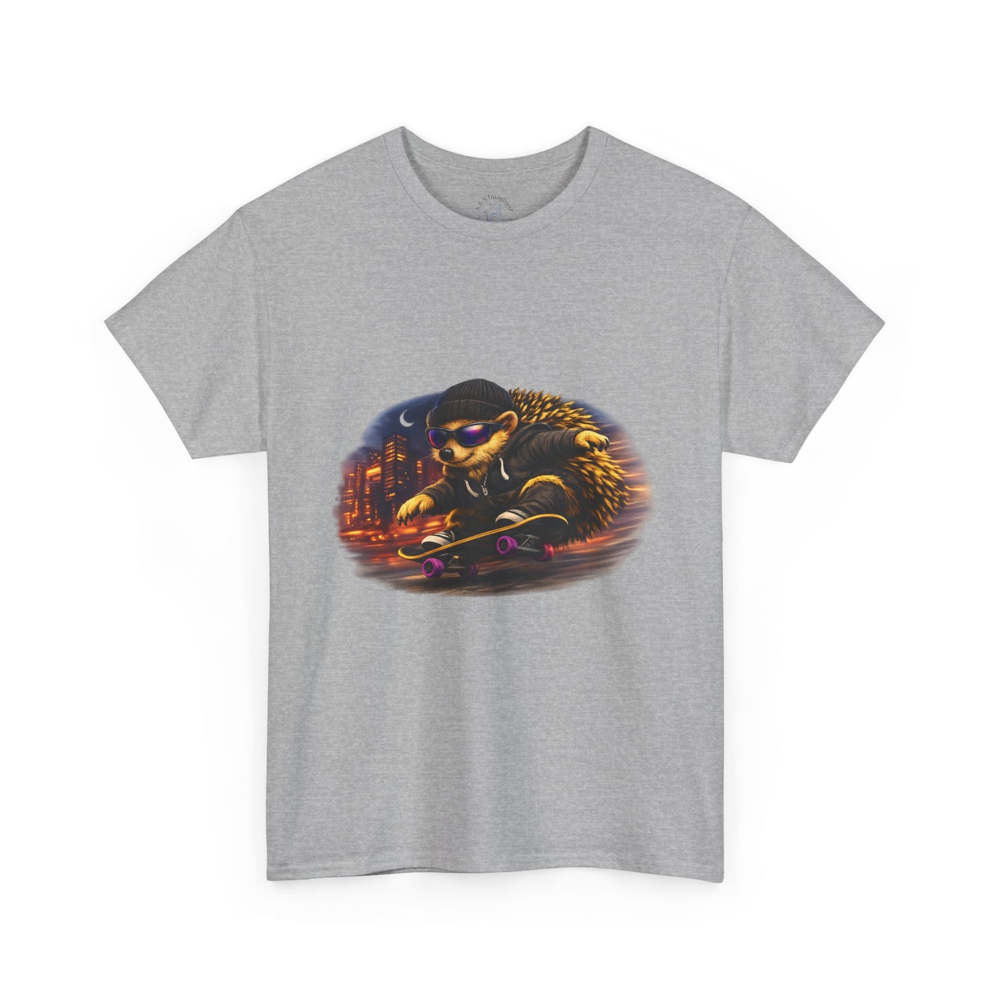 City Nightlife Hedgehog Skateboarding Shirt | Street Style Tee | Vintage City Lights Graphic | Downtown Streetwear | Skater Animal T-shirt | Cute Animal Skate Tshirt | Boardin' Hedgehog Collection