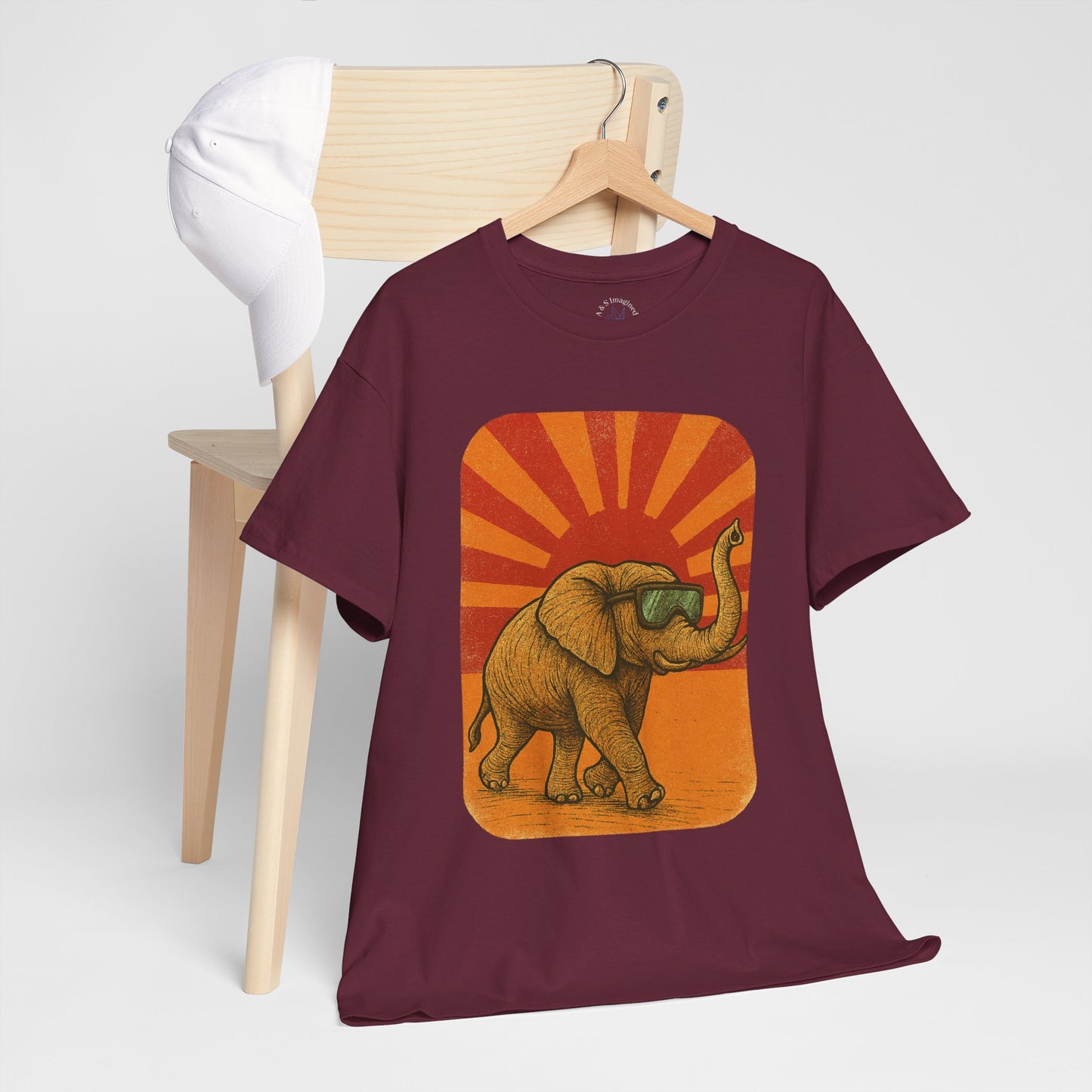 Elephant Sunset Rays Tee | Vintage Retro Animal Shirt | Summer Vibes Graphic T-Shirt | Warm Sunburst Elephant TShirt | Unisex Nature Shirt