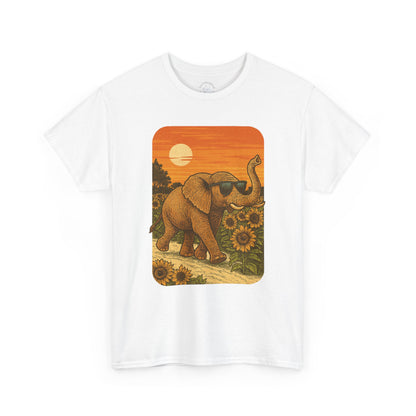 Elephant in Sunflower Field Tee | Vintage Sunset Nature Shirt | Retro Summer Aesthetic Elephant Graphic T-Shirt | Golden Hour Garden TShirt | Unisex Shirt