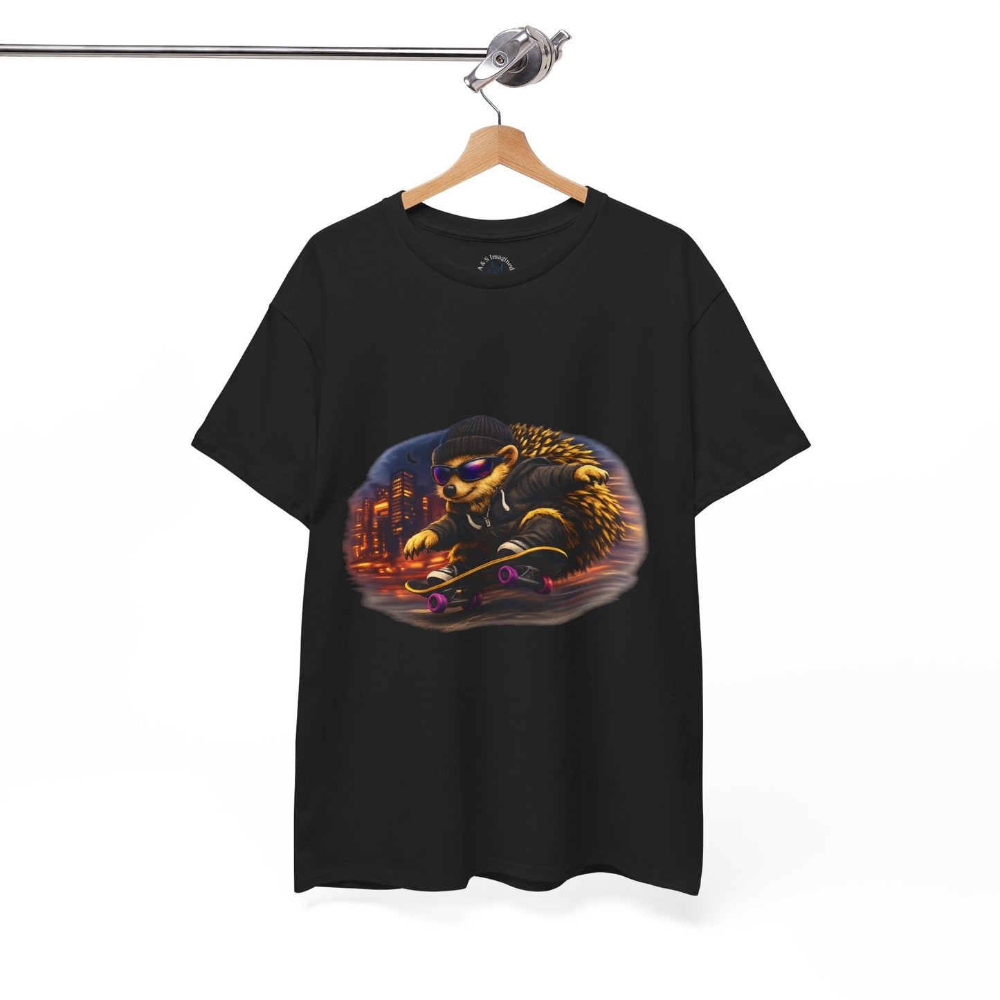 City Nightlife Hedgehog Skateboarding Shirt | Street Style Tee | Vintage City Lights Graphic | Downtown Streetwear | Skater Animal T-shirt | Cute Animal Skate Tshirt | Boardin' Hedgehog Collection