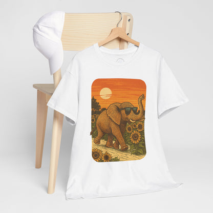 Elephant in Sunflower Field Tee | Vintage Sunset Nature Shirt | Retro Summer Aesthetic Elephant Graphic T-Shirt | Golden Hour Garden TShirt | Unisex Shirt