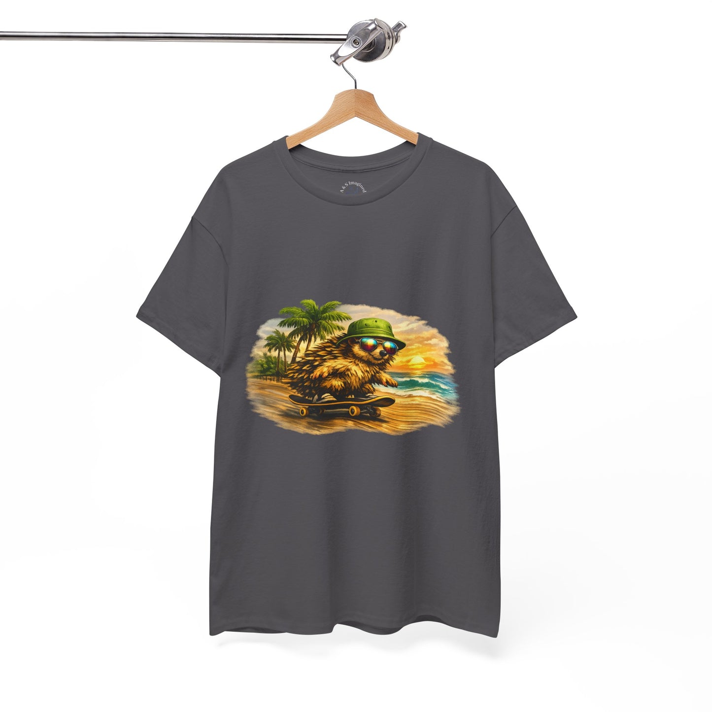 Sunset Beach Hedgehog Skateboarding Shirt | Tropical Style Tee | Vintage Beach Graphic | Skater Animal T-shirt | Cute Summer Skate Tshirt | Island Vibes Outfit | Boardin' Hedgehog Collection