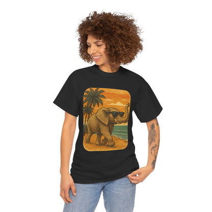 Elephant on a Tropical Beach | Vintage Sunset Animal Shirt | Summer Nature Graphic Tee | Retro Coastal Elephant T-Shirt | Unisex Beach Vacation TShirt