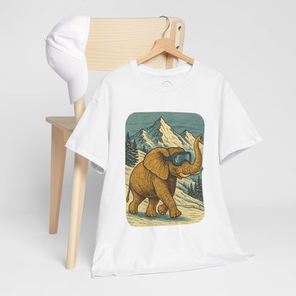 Elephant in Snowy Mountains Tee | Vintage Winter Animal Shirt | Cozy Nature Graphic T-Shirt | Retro Wildlife Illustration | Unisex Elephant Tee