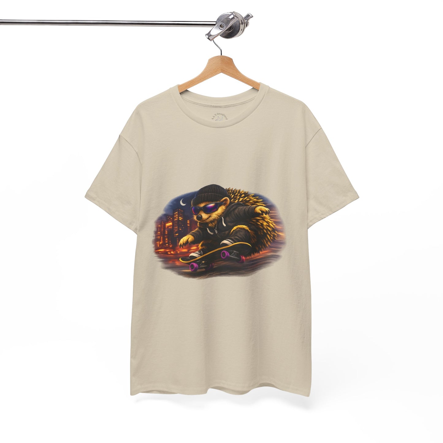 City Nightlife Hedgehog Skateboarding Shirt | Street Style Tee | Vintage City Lights Graphic | Downtown Streetwear | Skater Animal T-shirt | Cute Animal Skate Tshirt | Boardin' Hedgehog Collection