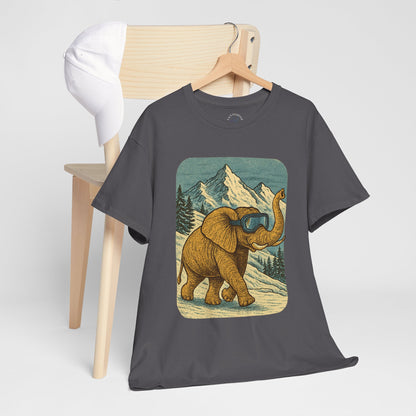 Elephant in Snowy Mountains Tee | Vintage Winter Animal Shirt | Cozy Nature Graphic T-Shirt | Retro Wildlife Illustration | Unisex Elephant Tee