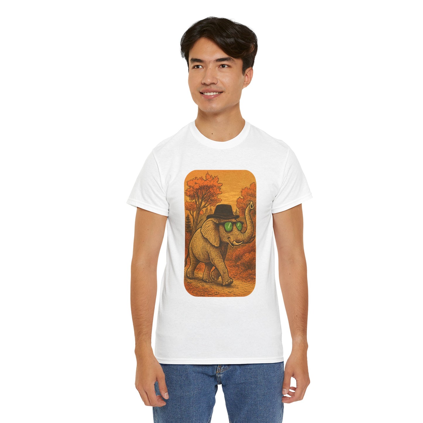 Elephant Autumn Stroll Tee | Vintage Fall Animal Shirt | Retro Nature Elephant Graphic T-Shirt | Cozy Fall Aesthetic TShirt | Unisex Casual Shirt