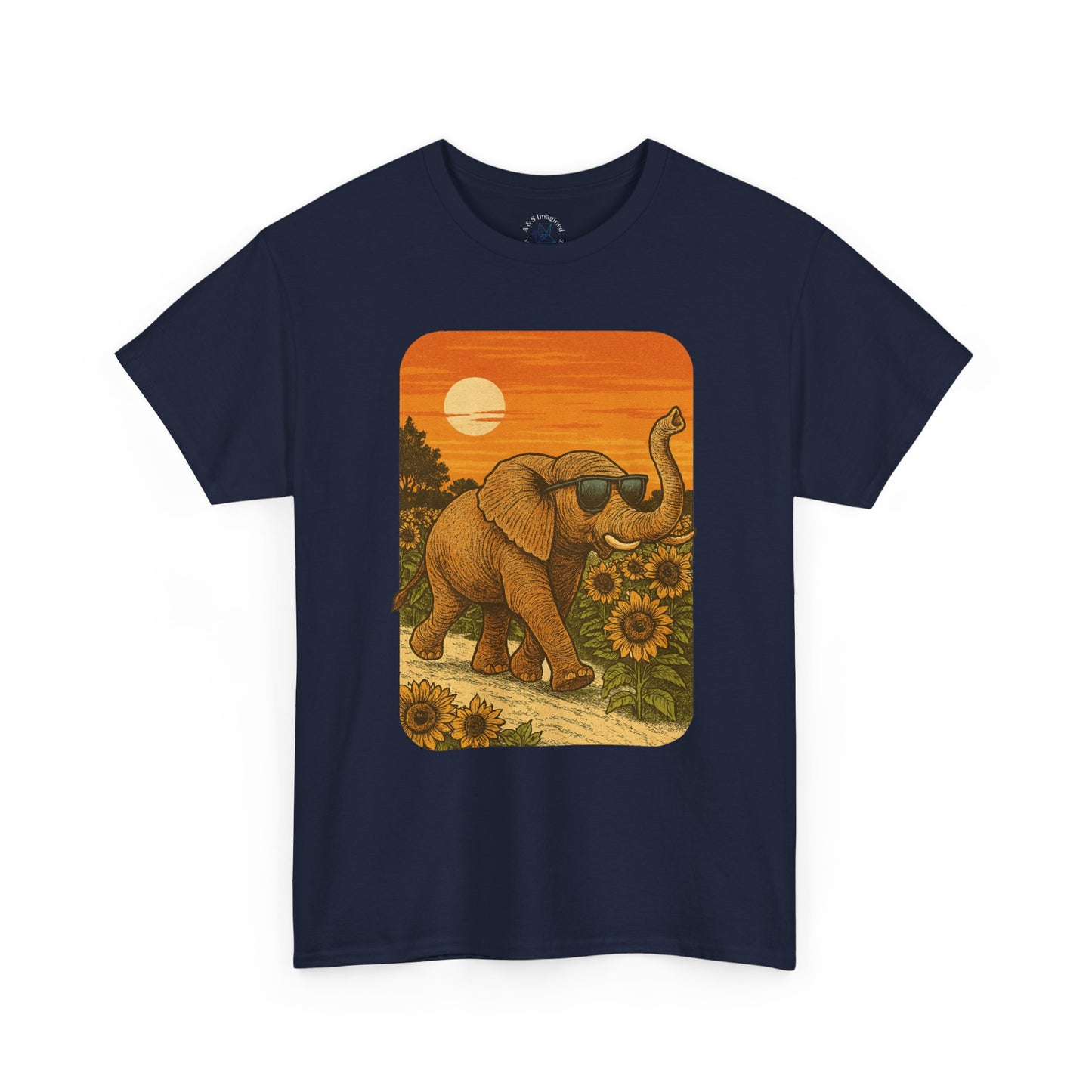 Elephant in Sunflower Field Tee | Vintage Sunset Nature Shirt | Retro Summer Aesthetic Elephant Graphic T-Shirt | Golden Hour Garden TShirt | Unisex Shirt