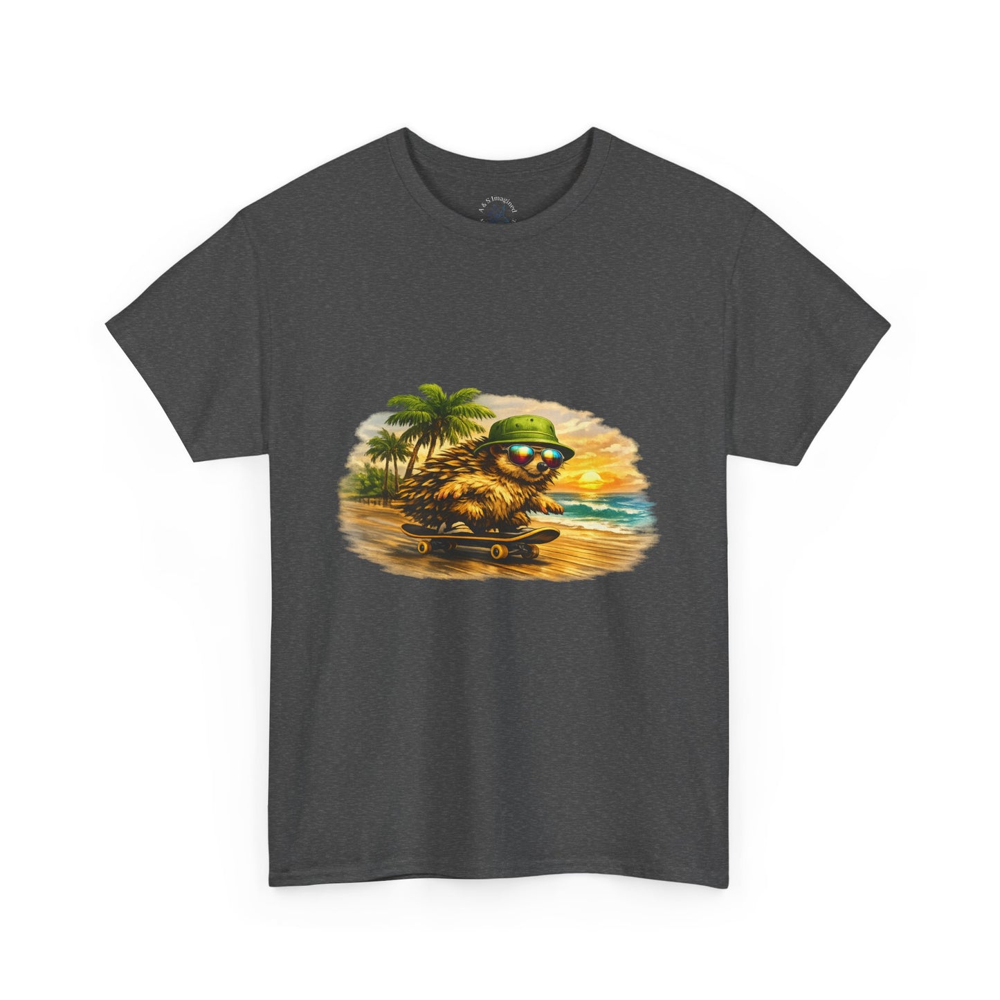 Sunset Beach Hedgehog Skateboarding Shirt | Tropical Style Tee | Vintage Beach Graphic | Skater Animal T-shirt | Cute Summer Skate Tshirt | Island Vibes Outfit | Boardin' Hedgehog Collection