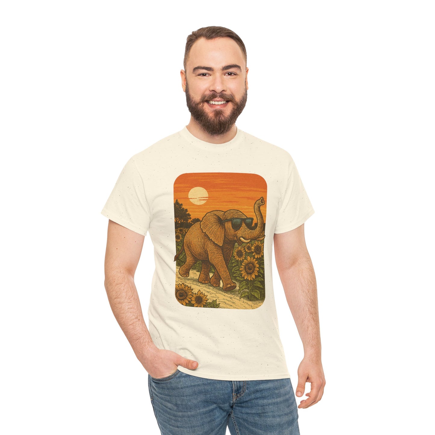 Elephant in Sunflower Field Tee | Vintage Sunset Nature Shirt | Retro Summer Aesthetic Elephant Graphic T-Shirt | Golden Hour Garden TShirt | Unisex Shirt