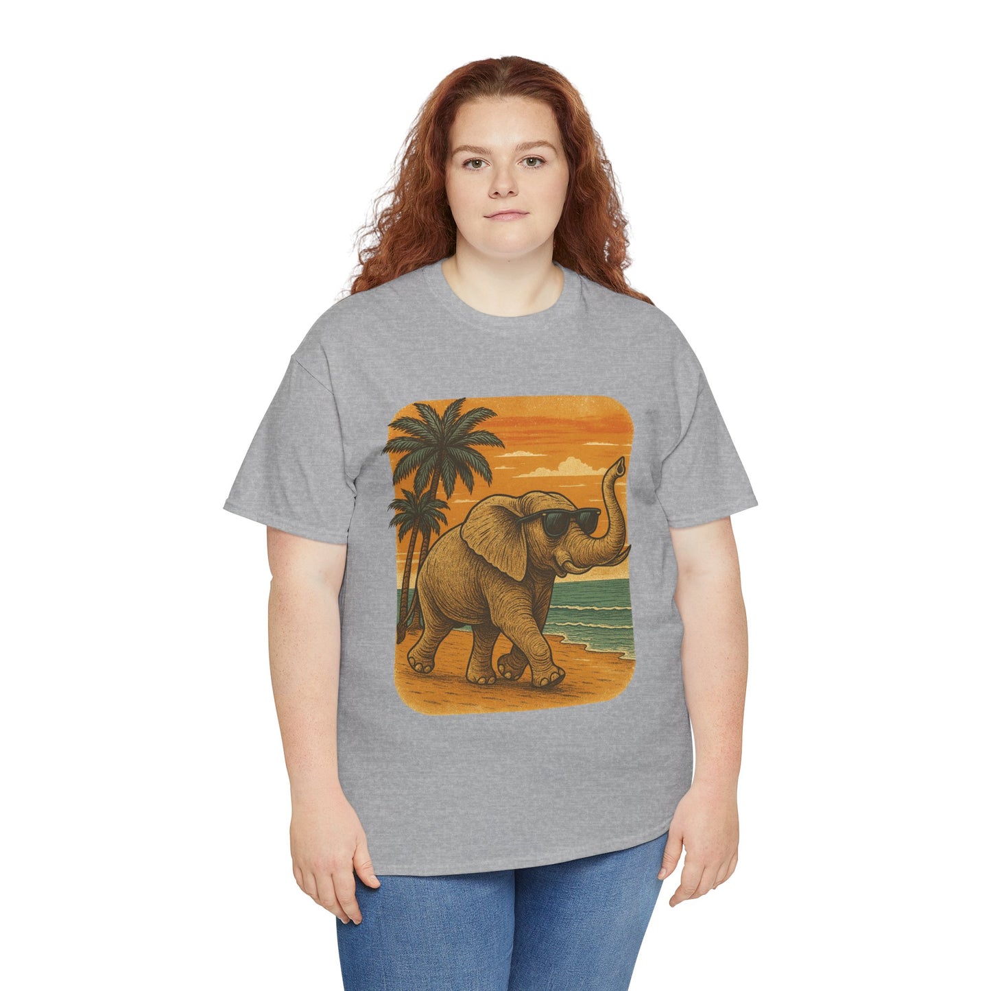 Elephant on a Tropical Beach | Vintage Sunset Animal Shirt | Summer Nature Graphic Tee | Retro Coastal Elephant T-Shirt | Unisex Beach Vacation TShirt