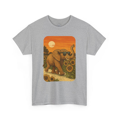 Elephant in Sunflower Field Tee | Vintage Sunset Nature Shirt | Retro Summer Aesthetic Elephant Graphic T-Shirt | Golden Hour Garden TShirt | Unisex Shirt