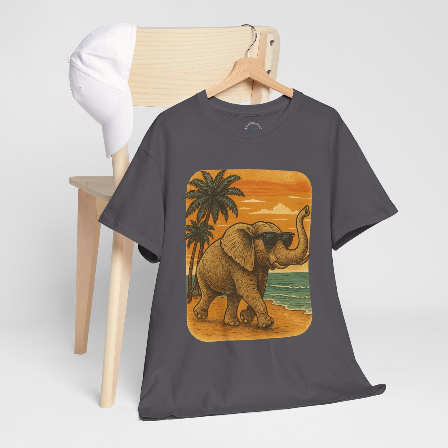 Elephant on a Tropical Beach | Vintage Sunset Animal Shirt | Summer Nature Graphic Tee | Retro Coastal Elephant T-Shirt | Unisex Beach Vacation TShirt