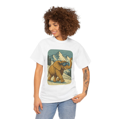 Elephant in Snowy Mountains Tee | Vintage Winter Animal Shirt | Cozy Nature Graphic T-Shirt | Retro Wildlife Illustration | Unisex Elephant Tee