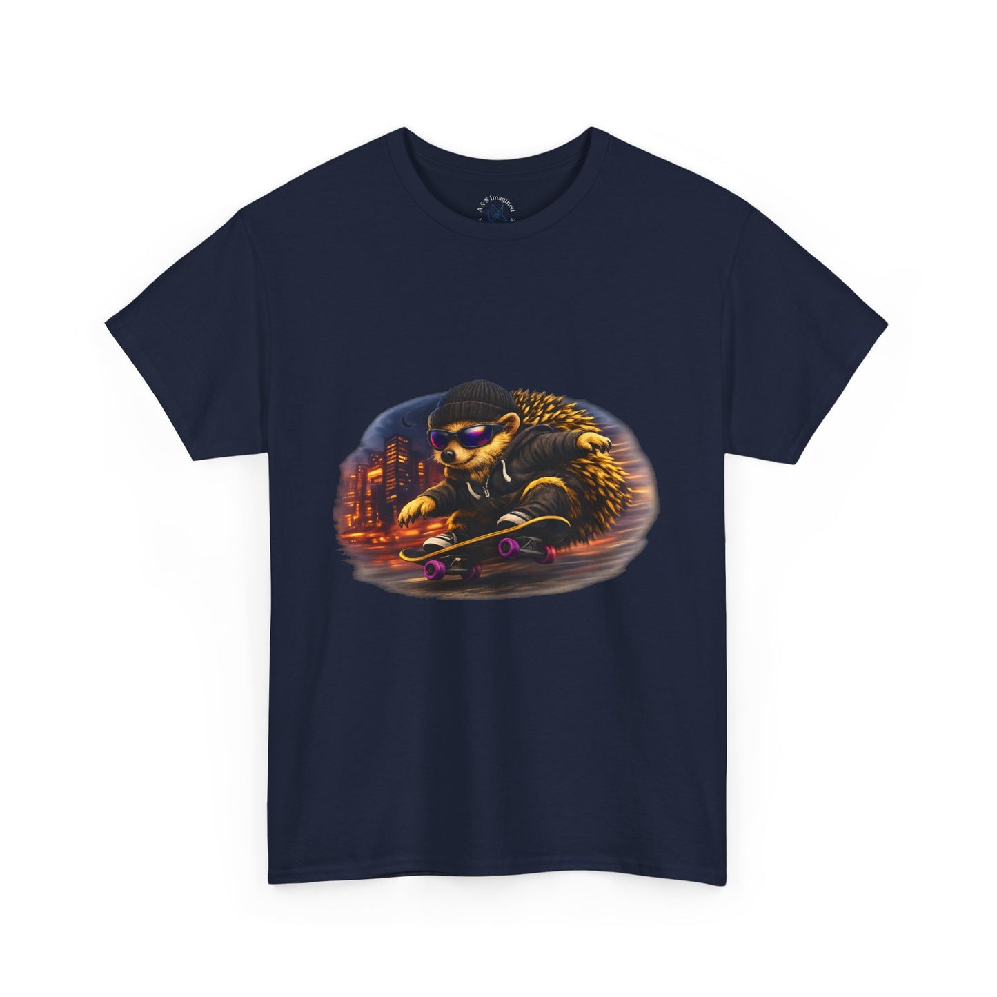 City Nightlife Hedgehog Skateboarding Shirt | Street Style Tee | Vintage City Lights Graphic | Downtown Streetwear | Skater Animal T-shirt | Cute Animal Skate Tshirt | Boardin' Hedgehog Collection