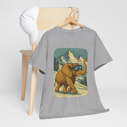 Elephant in Snowy Mountains Tee | Vintage Winter Animal Shirt | Cozy Nature Graphic T-Shirt | Retro Wildlife Illustration | Unisex Elephant Tee