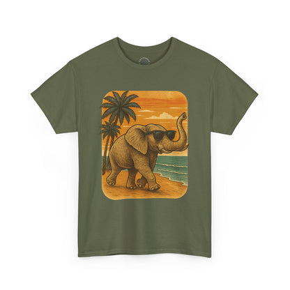 Elephant on a Tropical Beach | Vintage Sunset Animal Shirt | Summer Nature Graphic Tee | Retro Coastal Elephant T-Shirt | Unisex Beach Vacation TShirt