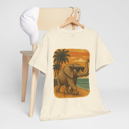 Elephant on a Tropical Beach | Vintage Sunset Animal Shirt | Summer Nature Graphic Tee | Retro Coastal Elephant T-Shirt | Unisex Beach Vacation TShirt
