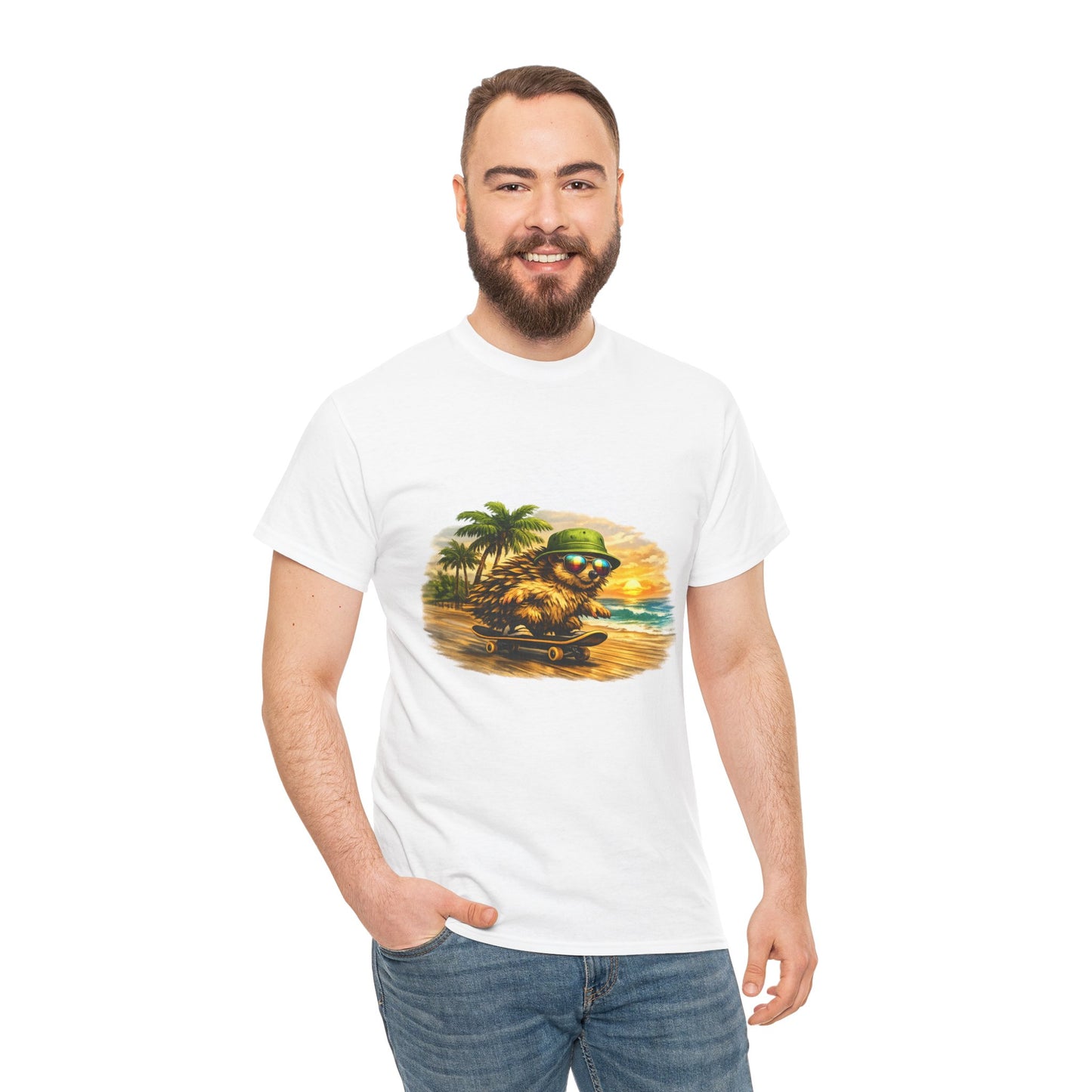 Sunset Beach Hedgehog Skateboarding Shirt | Tropical Style Tee | Vintage Beach Graphic | Skater Animal T-shirt | Cute Summer Skate Tshirt | Island Vibes Outfit | Boardin' Hedgehog Collection