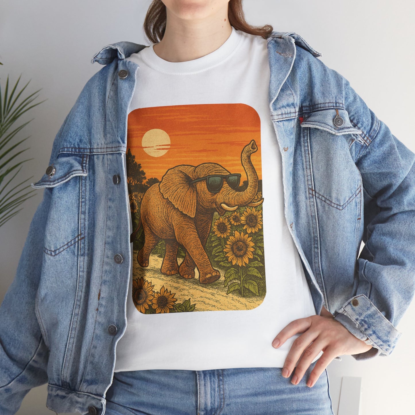 Elephant in Sunflower Field Tee | Vintage Sunset Nature Shirt | Retro Summer Aesthetic Elephant Graphic T-Shirt | Golden Hour Garden TShirt | Unisex Shirt
