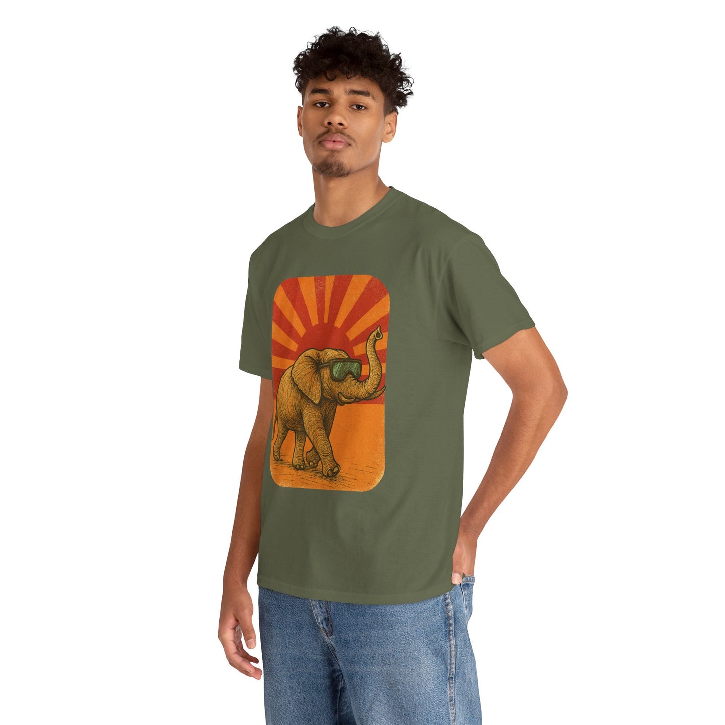 Elephant Sunset Rays Tee | Vintage Retro Animal Shirt | Summer Vibes Graphic T-Shirt | Warm Sunburst Elephant TShirt | Unisex Nature Shirt