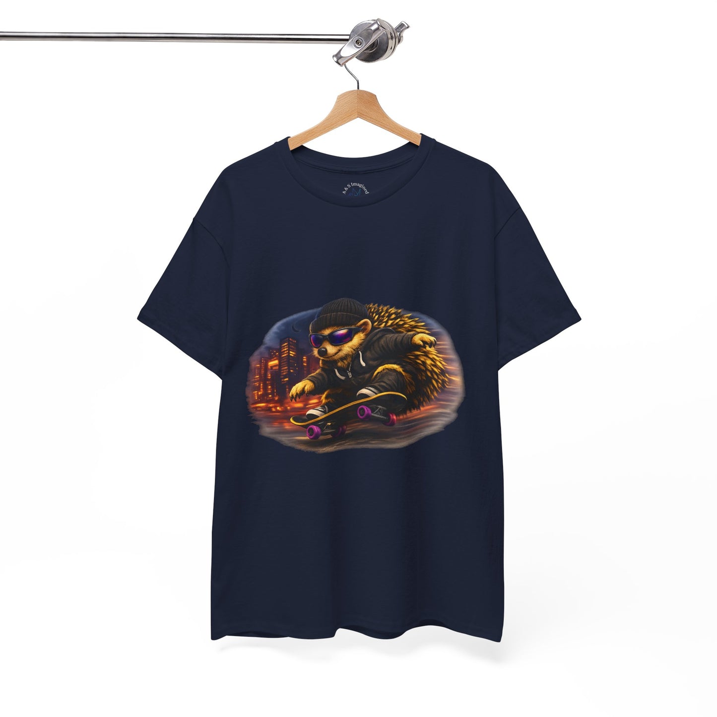 City Nightlife Hedgehog Skateboarding Shirt | Street Style Tee | Vintage City Lights Graphic | Downtown Streetwear | Skater Animal T-shirt | Cute Animal Skate Tshirt | Boardin' Hedgehog Collection