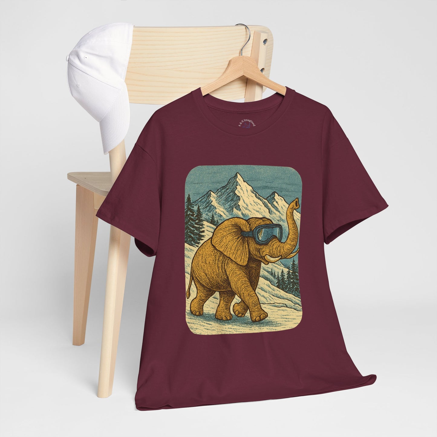 Elephant in Snowy Mountains Tee | Vintage Winter Animal Shirt | Cozy Nature Graphic T-Shirt | Retro Wildlife Illustration | Unisex Elephant Tee