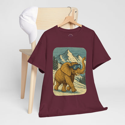 Elephant in Snowy Mountains Tee | Vintage Winter Animal Shirt | Cozy Nature Graphic T-Shirt | Retro Wildlife Illustration | Unisex Elephant Tee